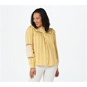 LOGO Lavish Boho Embroidered Blouse Women 3X Boxy Textured Eyelet Buttons Gold